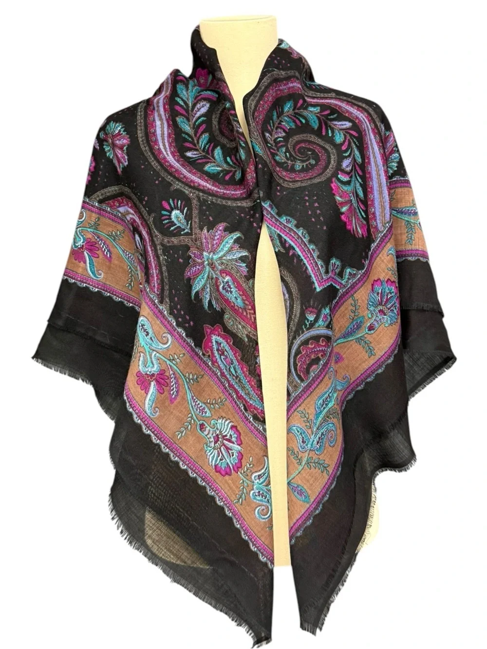 Vintage Lord & Taylor Black Paisley Large Wool Shawl Scarf Black, Fuchsia & Teal